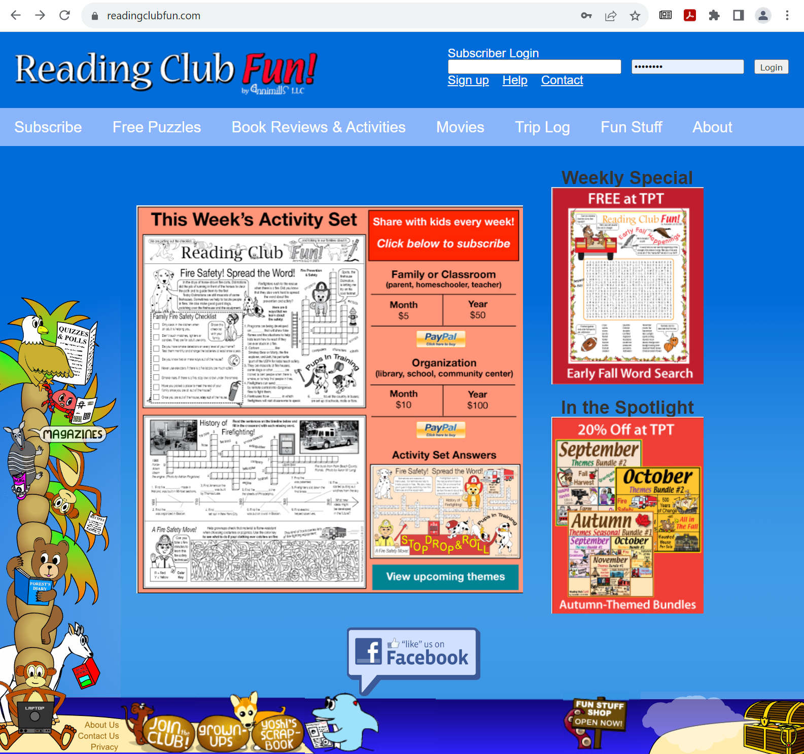 Screenshot of Reading Club Fun website